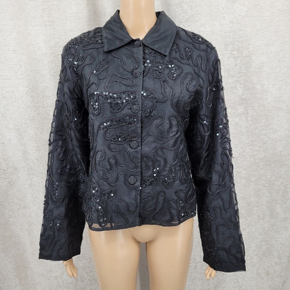 Tunique Nights Vintage Black Silk Sequin Embroidered Jacket Women's Medium